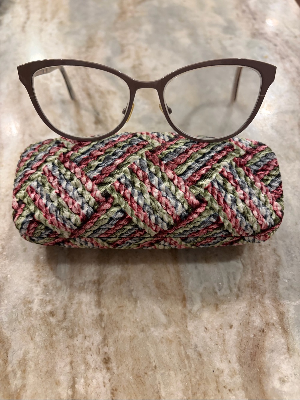 Etro taupe Cat-Eye Glasses model ET2106, with Multicolor Woven Case